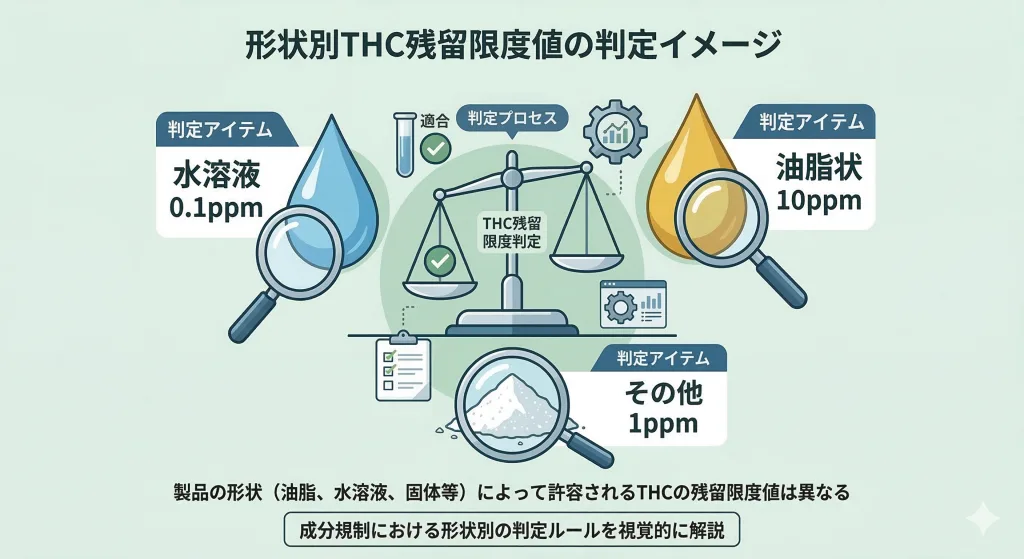油脂、水溶液、粉末など製品の形状ごとに異なる基準値を検査・判定するイメージイラスト
