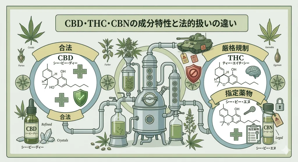 CBD、THC、CBNの3つのカンナビノイド成分の違いを示すインフォグラフィック風イラスト