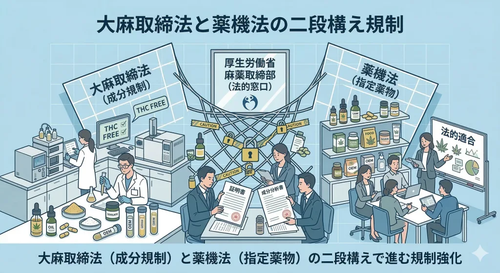 大麻取締法と薬機法という異なる2つの法律による規制の網を表現したイラスト