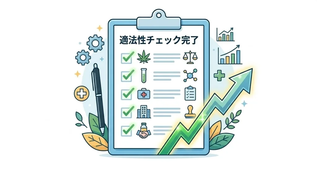 コンプライアンスのチェックリスト全項目にチェックが入ったクリップボードのイラスト