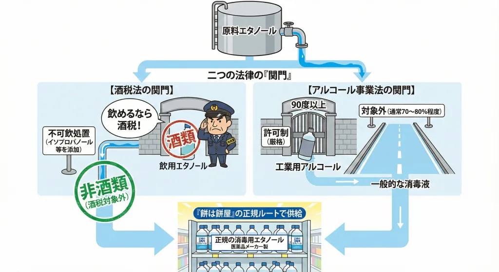 消毒用エタノールが市場に出るまでの法的プロセス図解。酒税法の「不可飲処置」とアルコール事業法の「許可制(90度以上)」をクリアし、医薬品メーカーから正規ルートで供給される流れ。