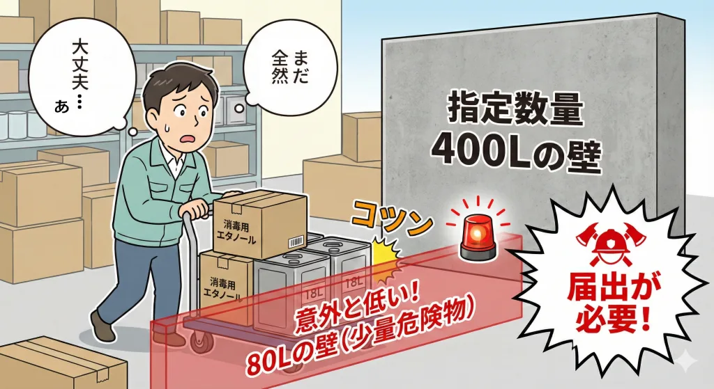 消防法におけるアルコール類の指定数量(400L)と少量危険物(80L)の境界線を示すイラスト。台車で消毒用エタノールを運ぶ作業員が80Lのラインで警告を受けている様子。