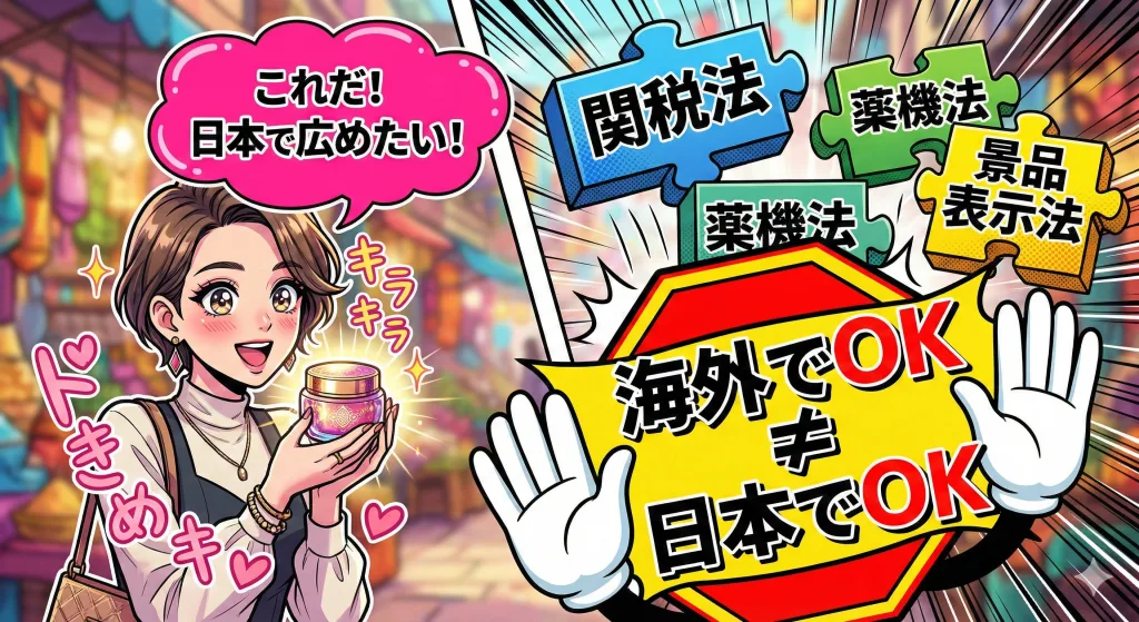 海外製化粧品の日本輸入における3つの主要法規（関税法・薬機法・景品表示法）の対比イラスト。