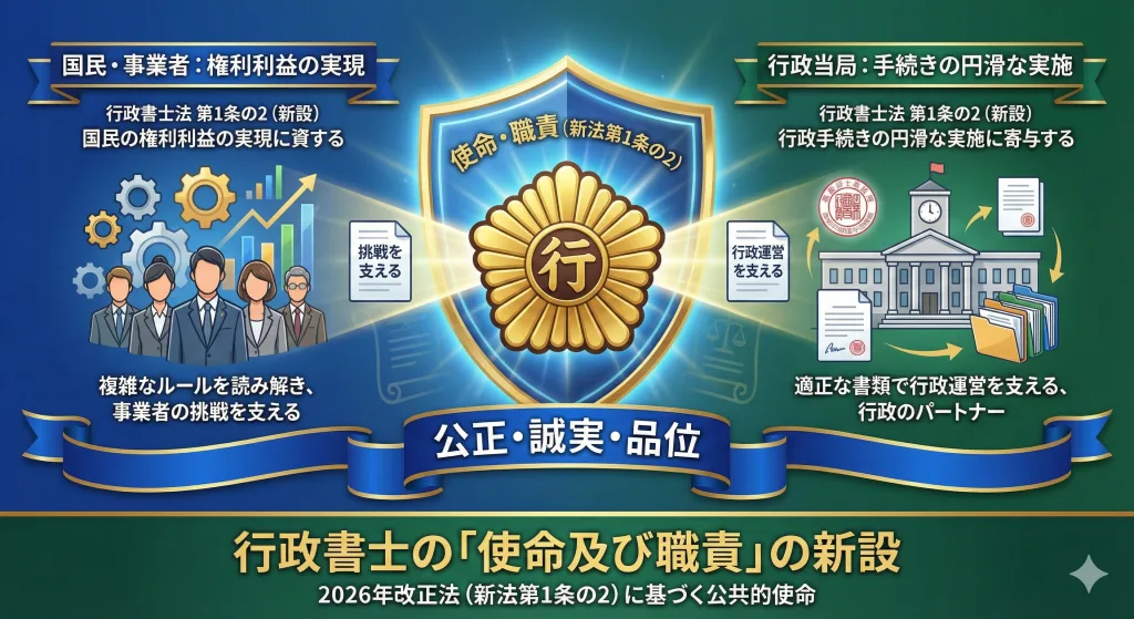 改正行政書士法の概念図。中央に行政書士徽章（コスモス）を配置し、「使命・職責」の新設を強調。左側に「国民・事業者の権利利益の実現」、右側に「行政当局の手続きの円滑な実施」を配置し、行政書士が官民の架け橋となり、行政運営を支えるパートナーであることを示している。