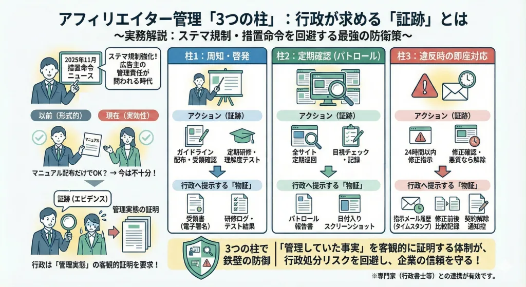 景品表示法の管理措置指針に基づく、アフィリエイター管理の3つの柱（周知・啓発、定期確認、違反時対応）の構成図。
