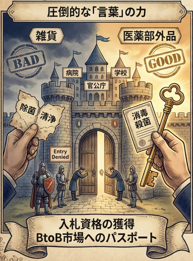 経営判断用：除菌雑貨（雑品）と物品用医薬部外品のメリット・デメリット比較表。効能表現（除菌vs消毒）、入札参加資格、法的リスクの違い一覧。