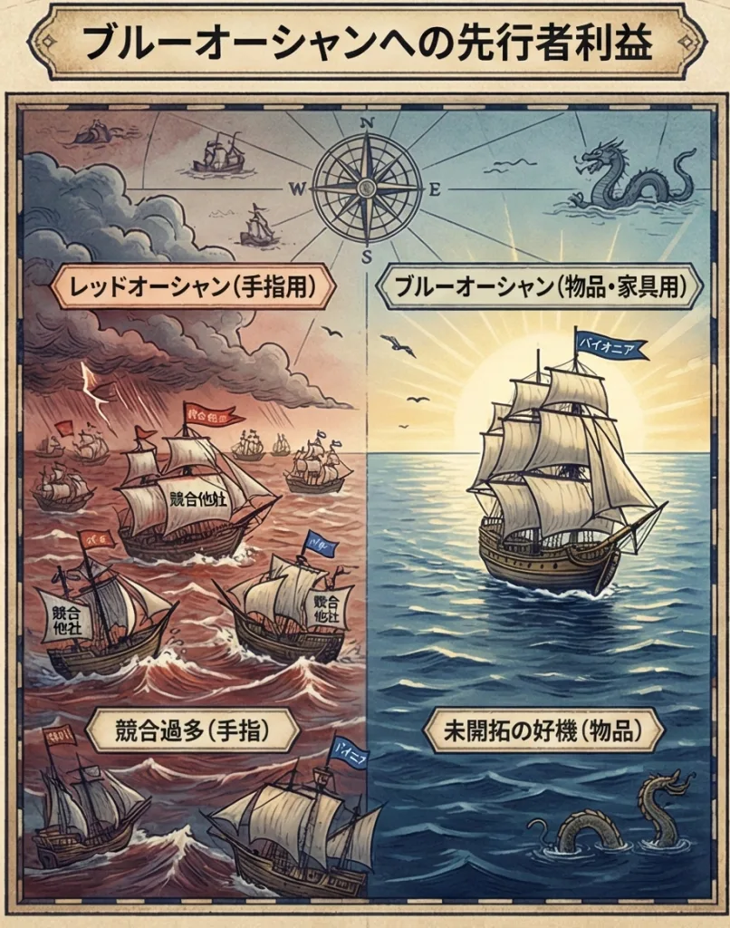 アルコール消毒ビジネスの市場競争マップ。左側の「手指用消毒剤（人体用）」は競合がひしめくレッドオーシャン。右側の新設された「物品用消毒剤（医薬部外品）」は、2023年に解禁されたばかりのブルーオーシャンであり、先行する船が利益を独占できる機会を描いている。