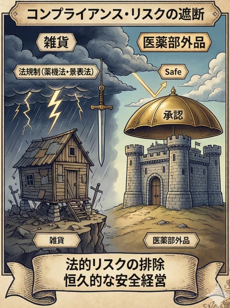 雑貨ビジネス（BAD）と医薬部外品ビジネス（GOOD）の対比図。左側の雑貨領域は嵐の中にあり、「除菌・洗浄」の札しか持てない。右側の医薬部外品領域は堅牢な城であり、「消毒・殺菌」の鍵（承認）を持つことで、病院・学校・官公庁への入札資格（パスポート）を獲得している様子。