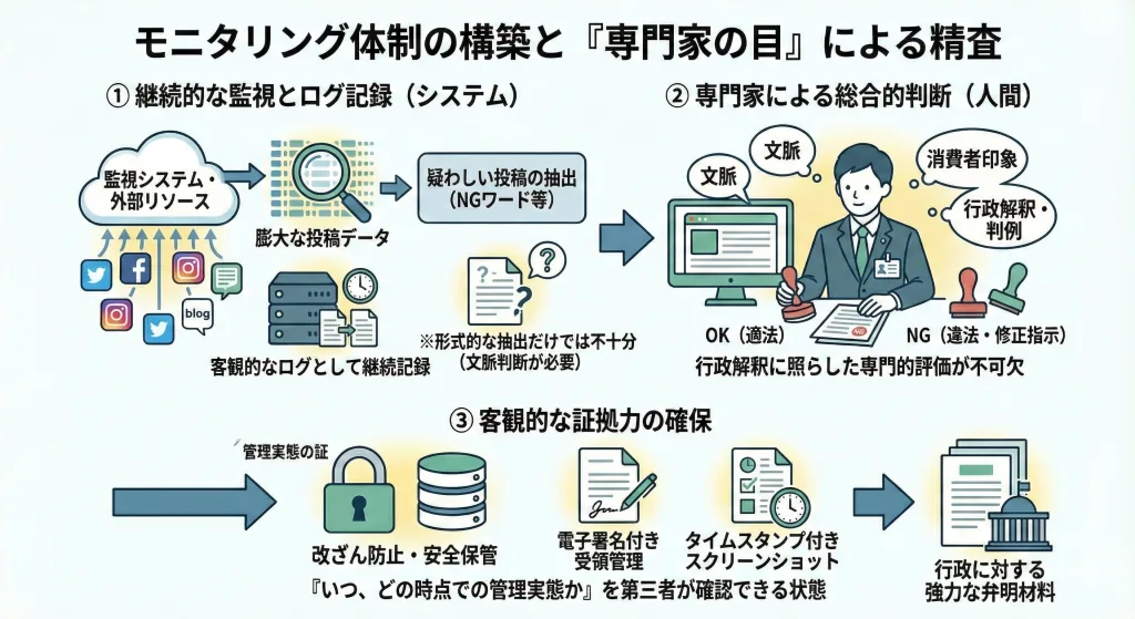行政に提示すべき証跡（エビデンス）の例。研修資料、パトロール報告書、修正指示メールの履歴など、客観的な物証のリスト。