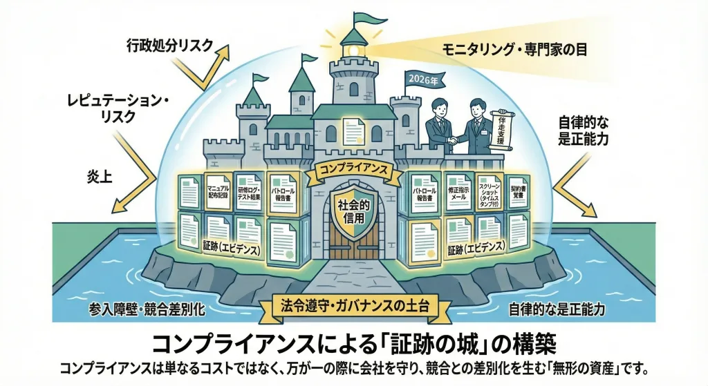 広告主の社会的信用と事業を守るための「証跡の城」のイメージ図。法令遵守を強固な参入障壁へと変える戦略的ガバナンスの象徴。