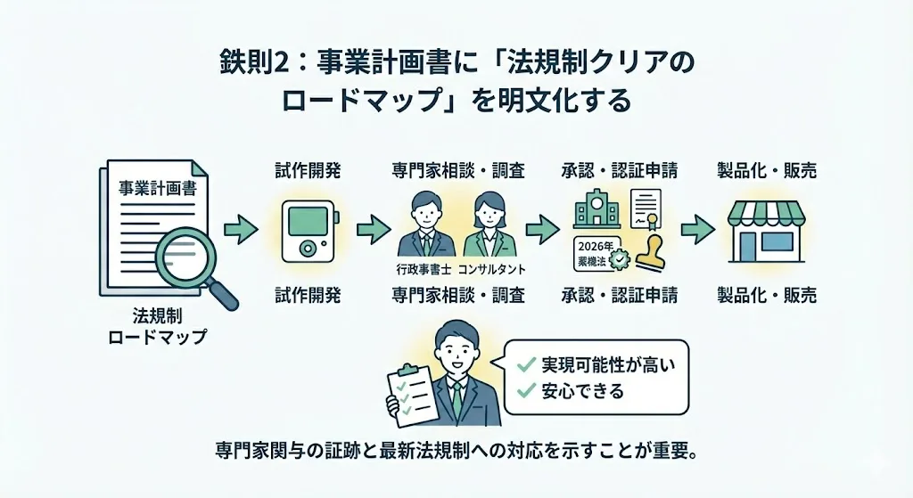 試作開発から製品化、薬事承認取得までの具体的なステップをタイムラインで示した「薬事ロードマップ」の例。