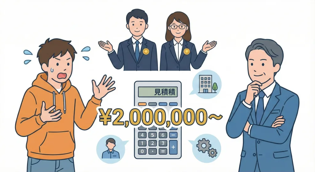 化粧品製造販売業の立ち上げコスト試算イラスト。計算機には「¥2,000,000~」と大きく表示され、想定以上の金額に驚く起業家と、内訳(オフィス賃料・人件費・設備投資)を冷静に解説する行政書士の様子。許可申請手数料だけではないトータルコストの視覚化。