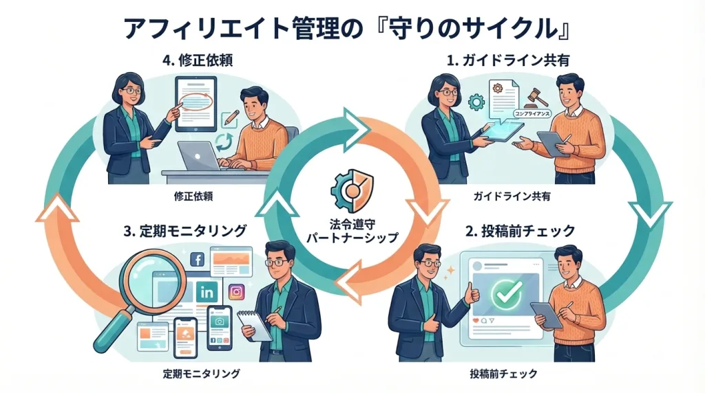 薬機法遵守のためのアフィリエイター管理フロー図（事前教育・スクリーニング・フィードバックと違反時対応）