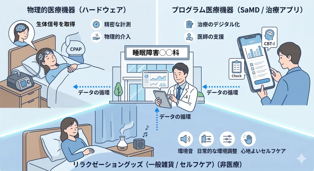 2026年3月の睡眠障害標榜科新設に伴う、医療機器、SaMD、リラクゼーショングッズの役割分担と受診フローの解説図。