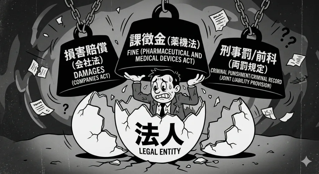 法人解散後に経営者個人に波及する法的責任を示す図解。中央で「法人」の殻が割れて消滅し、現れた「経営者(個人)」の頭上に、薬機法の「課徴金」、会社法の「損害賠償」、両罰規定の「刑事罰(前科)」という3つの巨大な重りがのしかかっている構図。