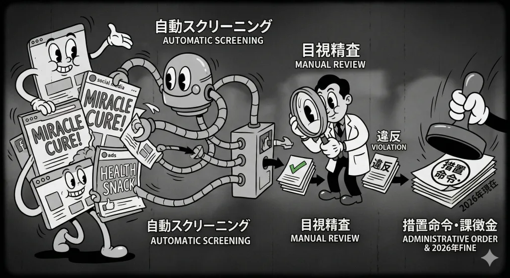 ヘルスケア広告に対する行政のハイブリッド監視体制を示すフロー図。左側に大量の広告素材、中央にAIによる自動抽出プロセス、右側に専門家による目視精査プロセスがあり、最終的に措置命令や課徴金納付命令が下されるまでの流れが描かれている。