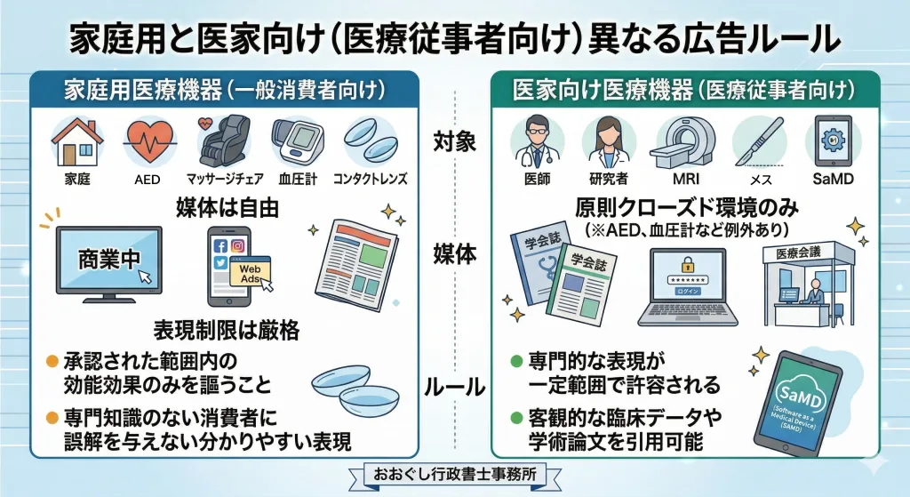 家庭用医療機器と医家向け医療機器（SaMD等）の広告媒体とルールの違い比較図