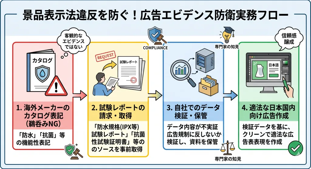 景品表示法違反を防ぐための広告エビデンス（試験レポート）確保の実務フロー