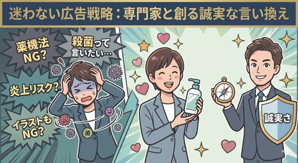 「薬機法NG？」「殺菌って言いたい」と頭を抱える担当者と、コンパスと誠実さの盾を持つ専門家、そして笑顔で製品を持つ女性の比較イラスト。除菌雑貨の広告における誠実な言い換え戦略を表現。