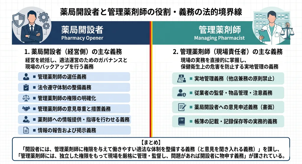 薬局開設者と管理薬剤師に求められる法的義務の違いと役割分担の境界線を示した図解