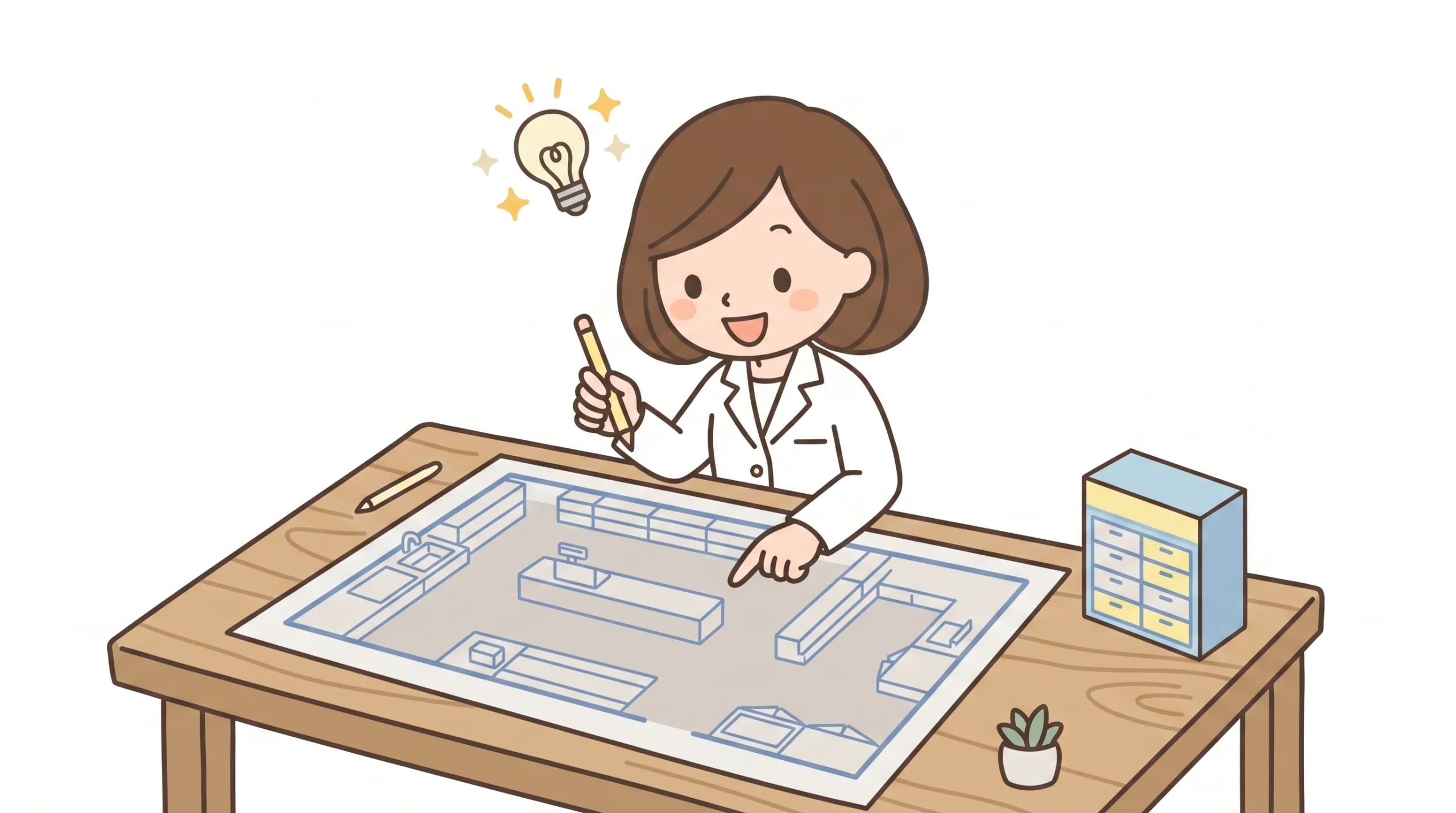 白衣を着た薬剤師がテーブルの上で薬局の平面図や設計図面を嬉しそうに眺めながら、内装レイアウトを計画している新規開局のシンプルなイラスト